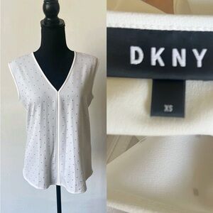 DKNY White V Neck Silver Studded Top Size XS